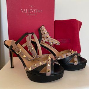 VALENTINO rockstud black and nude platform ankle strap heels